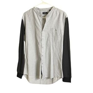 7Diamonds Mens Mandarin Collar Colorblock Button Down Shirt Gray Black Large